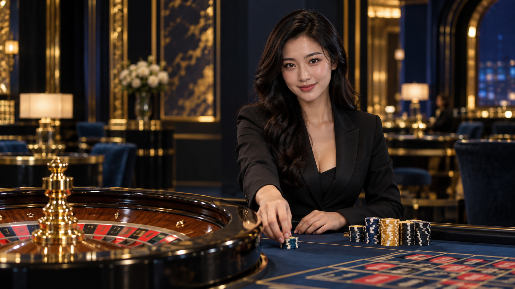 Minh họa bàn live casino trong không gian xanh vàng